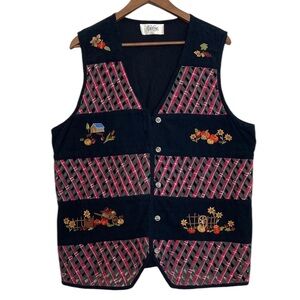 Vintage Vest Womens 16 Black Corduroy Red Lattice Fall Harvest 90s Waistcoat